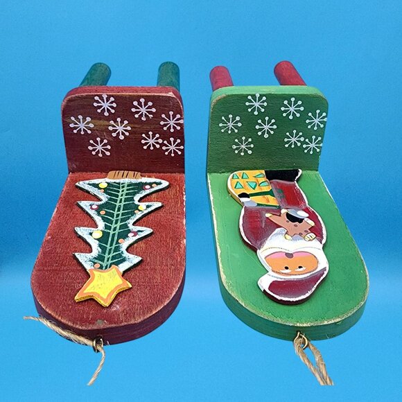 Vintage Wooden Santa & Tree Chair Folk Art Ornaments Handcrafted Set 1997 - Picture 8 of 10